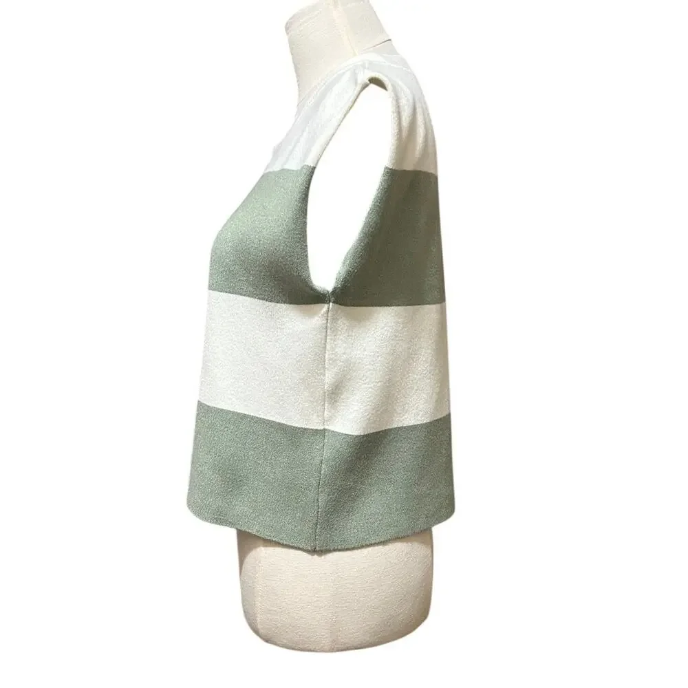 Maeve Anthropologie Sweater Vest Women's Size Med Green Ivory Striped Knit Top - Picture 4 of 9